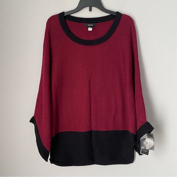 Alfani Womens Knit Colorblock Poncho Sweater Dark Red M - Picture 1 of 3